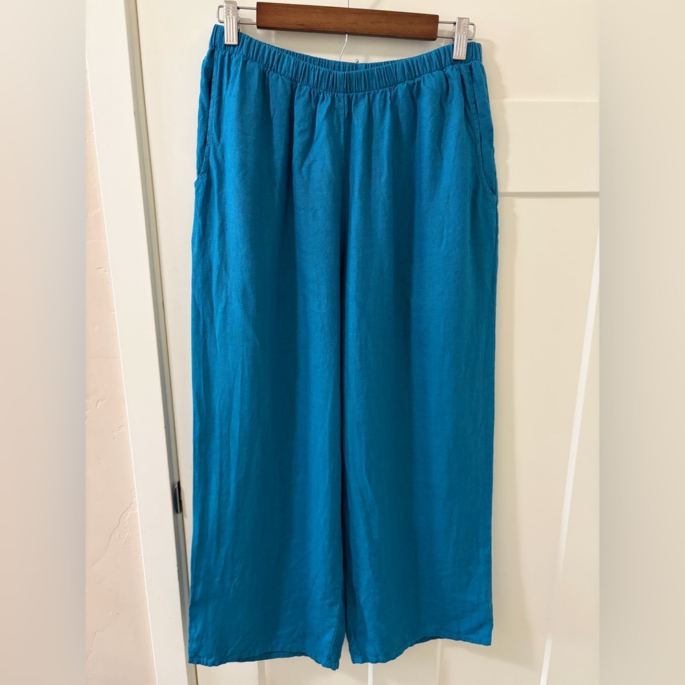Flax Blue Wide-Leg Pants, Women's Size S, 100% Linen